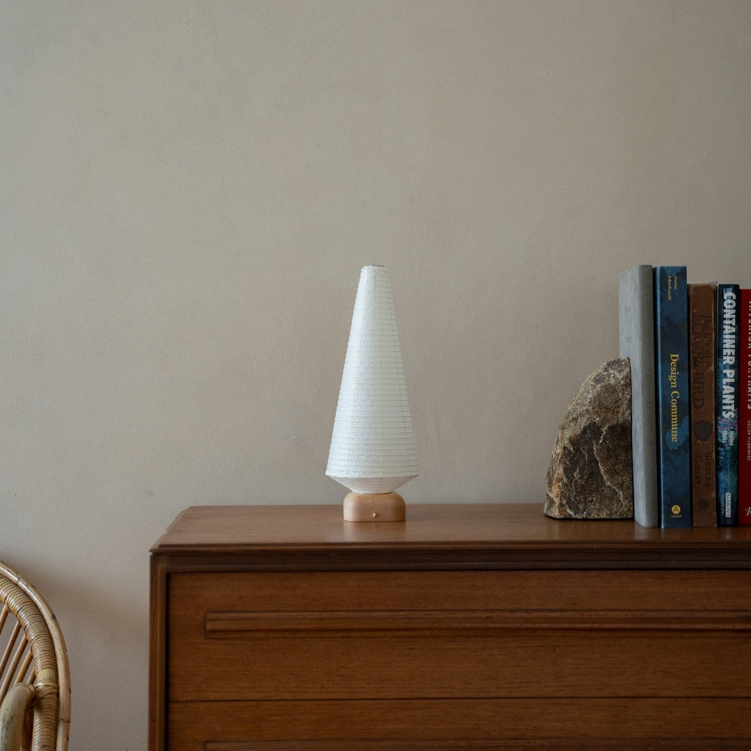 Japanese Paper Table Lamp "Tree" on wooden shelf in Japandi style living room – Paper lantern lamps for japanese bedroom and Japandi living room