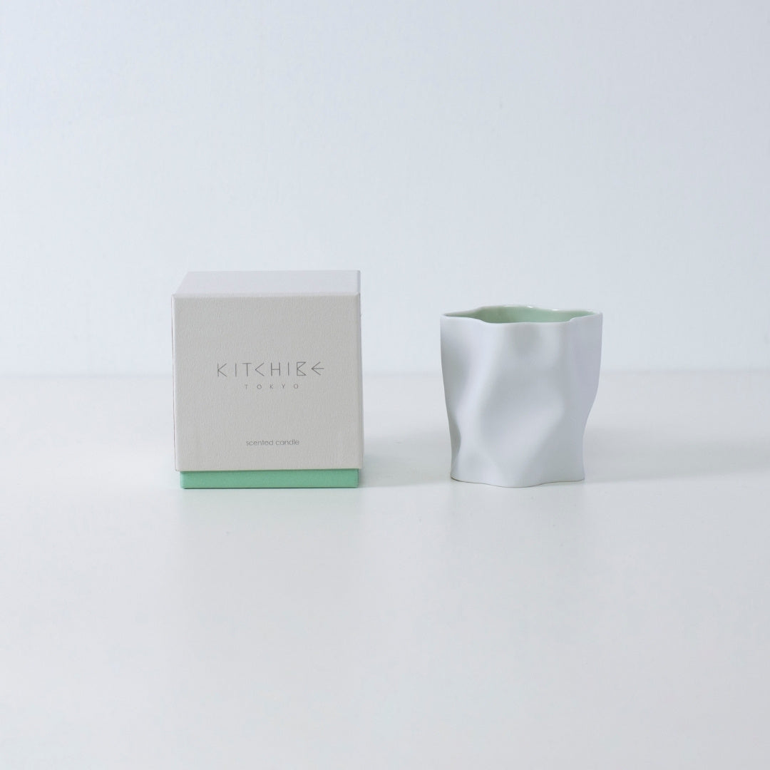 Japanese candle YUKI with mint, powder snow, and Japanese Incense in snowy white porcelain vessel