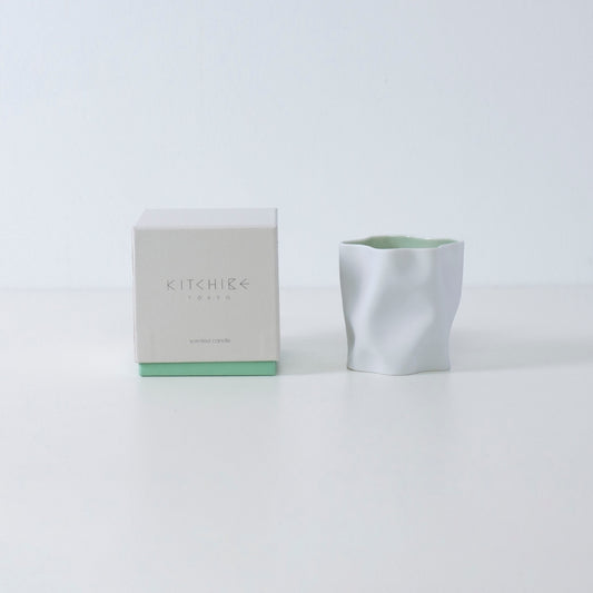 Japanese candle YUKI with mint, powder snow, and Japanese Incense in snowy white porcelain vessel