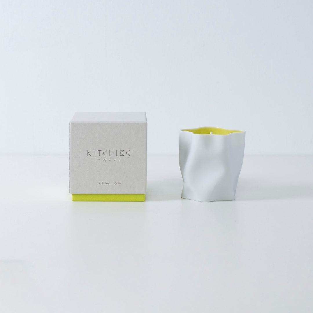 Japanese candle YUZU with citrus yuzu, mandarin, and Japanese Incense in white ceramic vessel