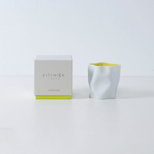 Japanese candle YUZU with citrus yuzu, mandarin, and Japanese Incense in white ceramic vessel