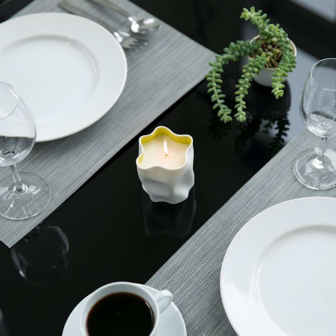 Japandi dining with YUZU Japanese candle, citrus soy wax scent in Seto porcelain with wabi sabi style