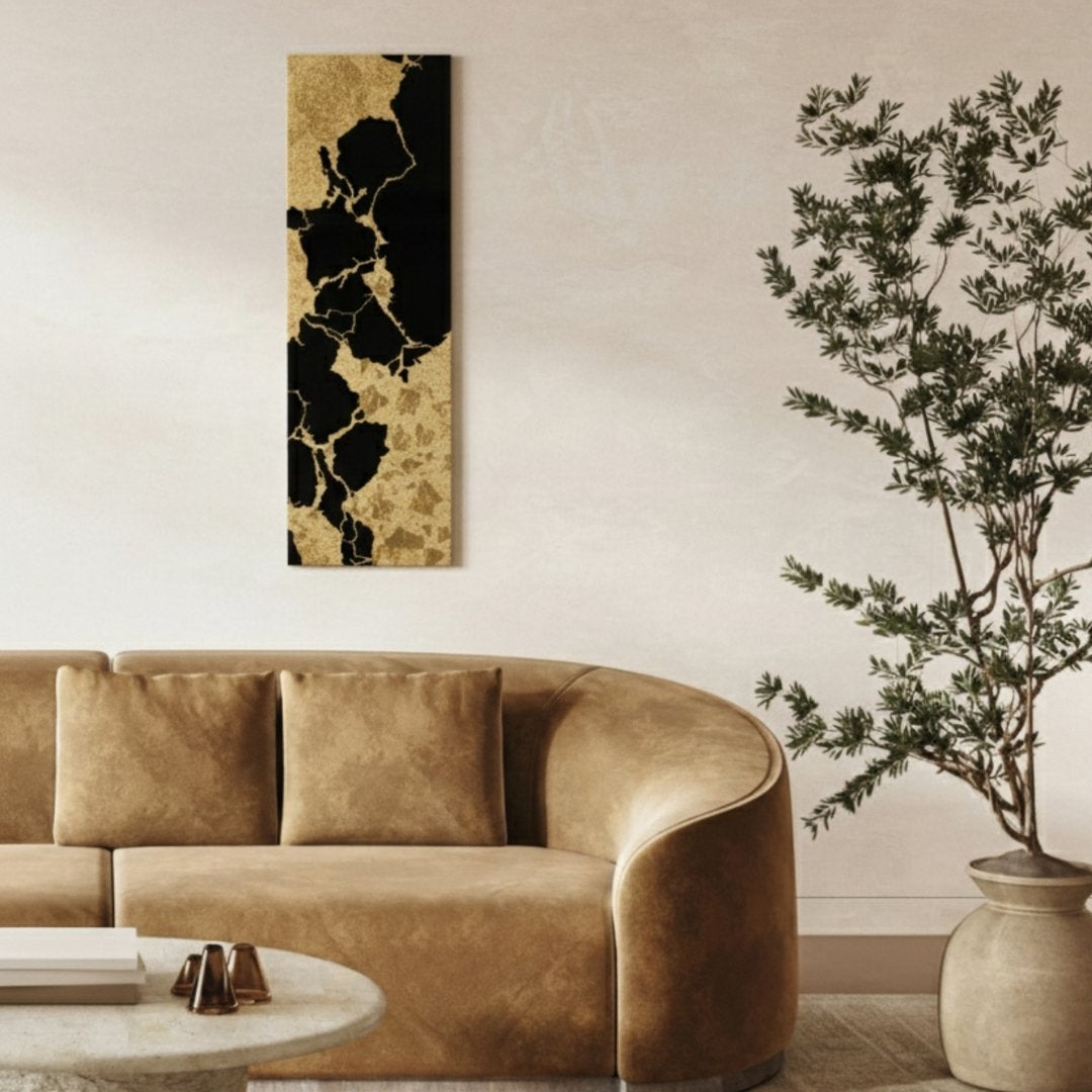 Japanese wall art Kintsugi black large on living room wall – elegant wabi sabi Japanese decor