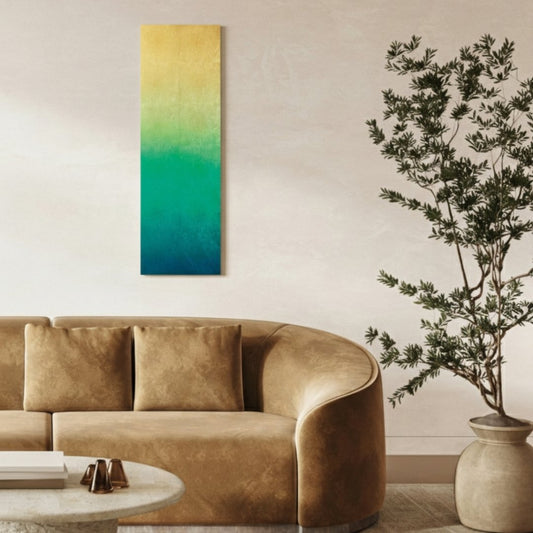 Japanese wall art panel Kinsui on wall – serene wabi sabi Japanese wall decor in gold