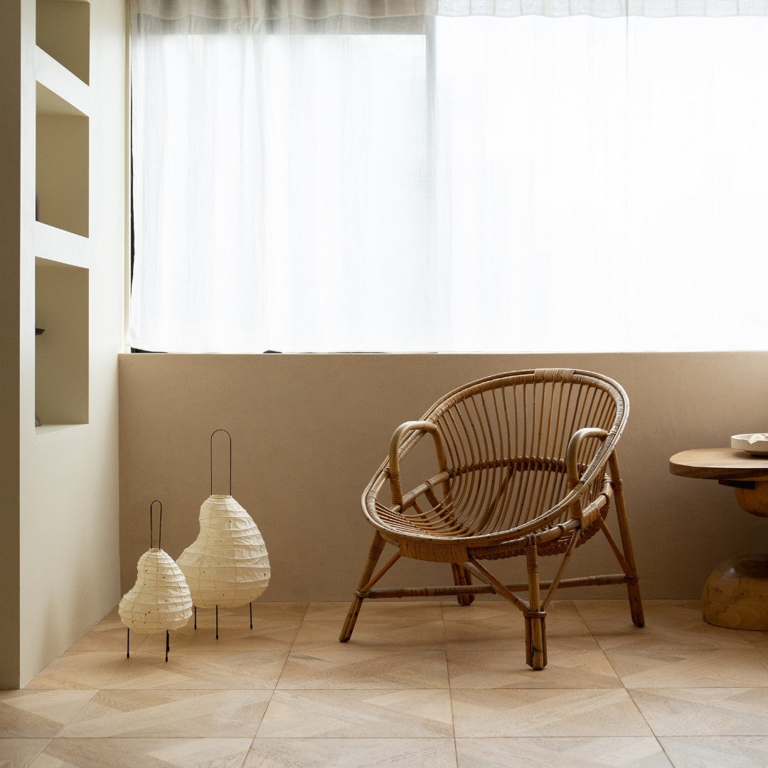 Two sizes of Japanese Washi Paper Floor Lamp “BEANS LIGHT” in Japandi style space – Unique paper lamp for Japandi living room