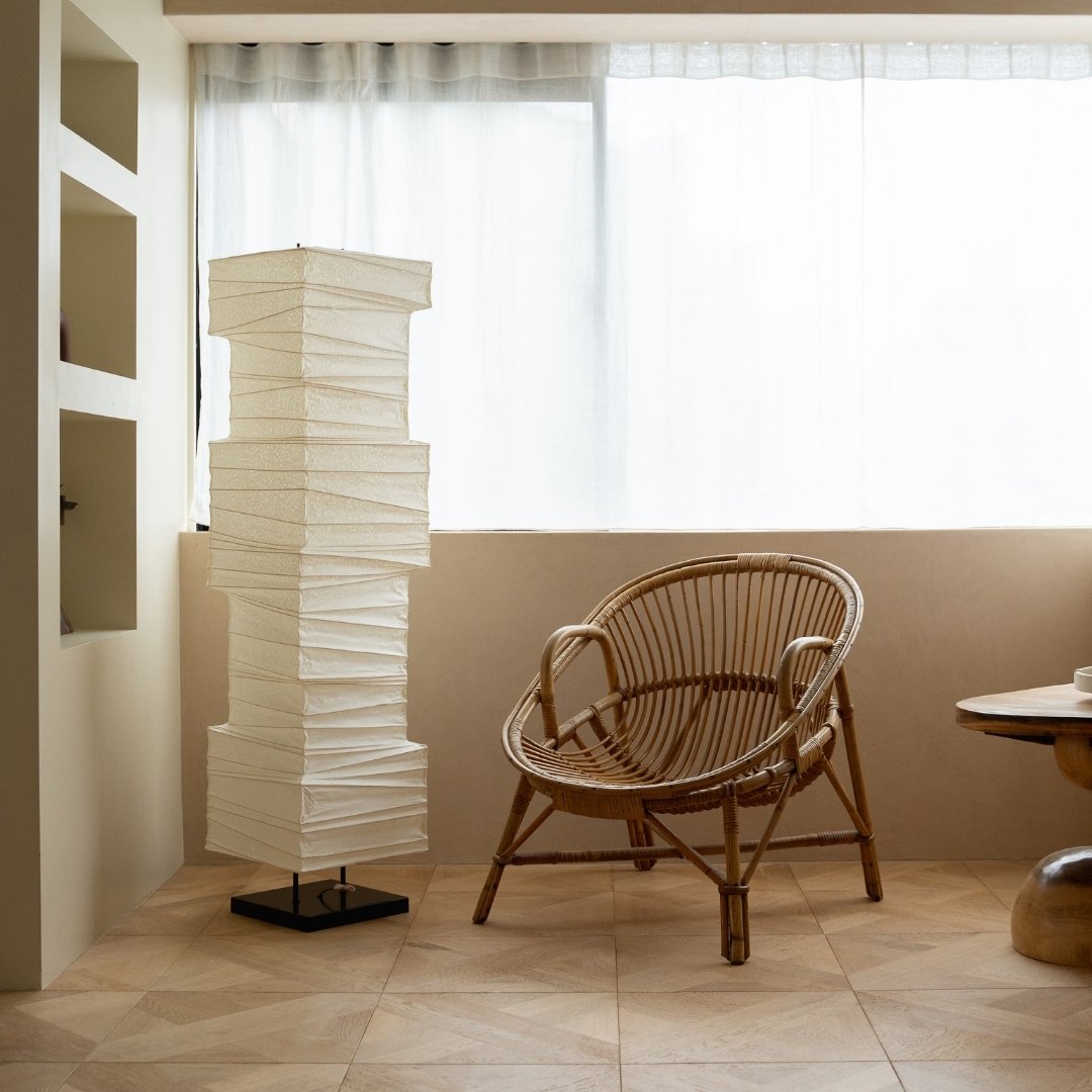 Japanese Washi Paper Floor Lamp "Harusame Washi 01" in Japandi style space – Wabi-sabi paper floor lamp for Japandi living room