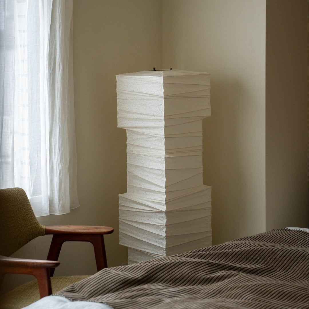Japanese Washi Paper Floor Lamp "Harusame Washi 01" in Japandi style bedroom – Unique tall standing lamp for Japanese bedroom