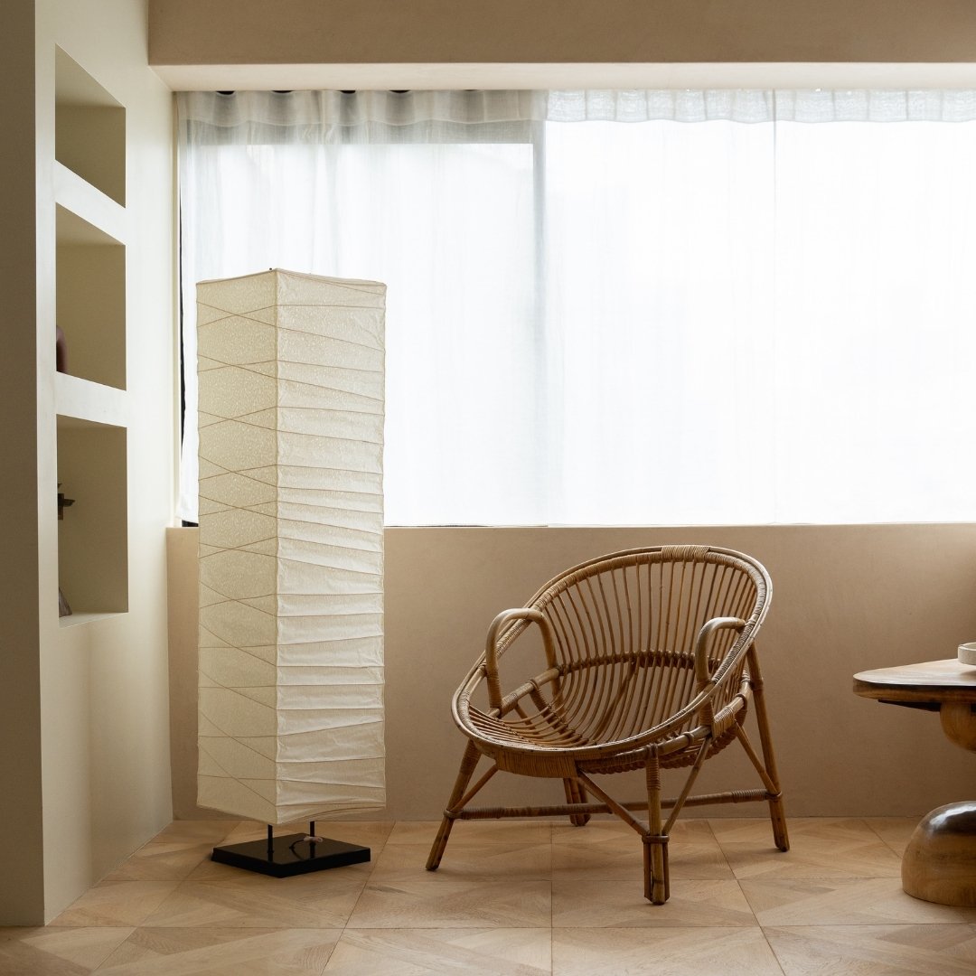 Japanese Washi Paper Floor Lamp "Harusame Washi 02" in Japandi style space – Stylish paper floor lamp for Japandi living room