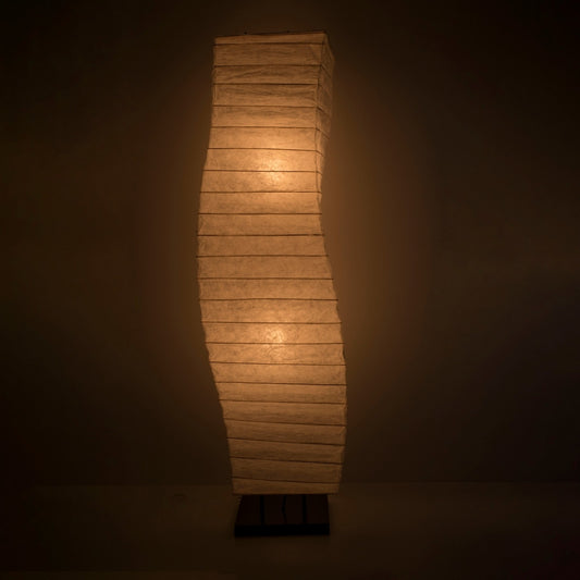 Japanese Washi Paper Floor Lamp "Momi Washi 01" illuminating a dark room– Soft Glow Standing Lamp for a Japandi Living Room