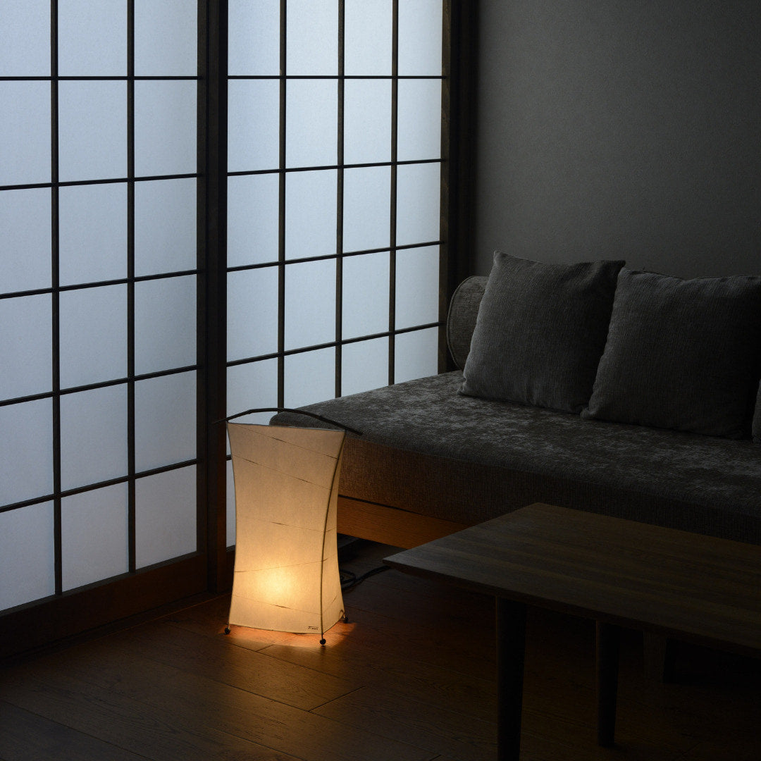 Japanese paper floor lamp "Now" in a Japandi living room.