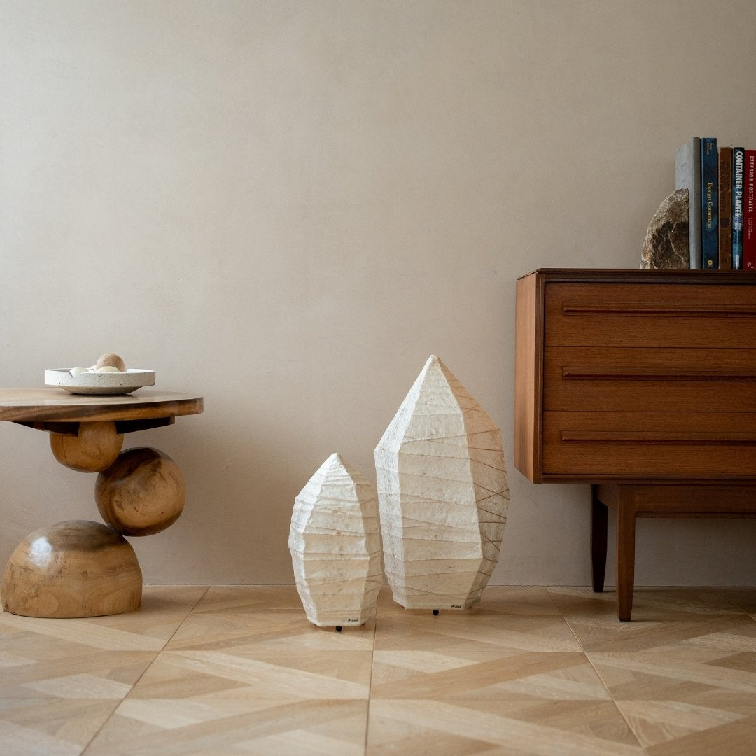 Two sizes of Japanese Washi Paper Floor Lamp “Paper Stone” in Japandi style interior – paper floor lamp for japandi living room