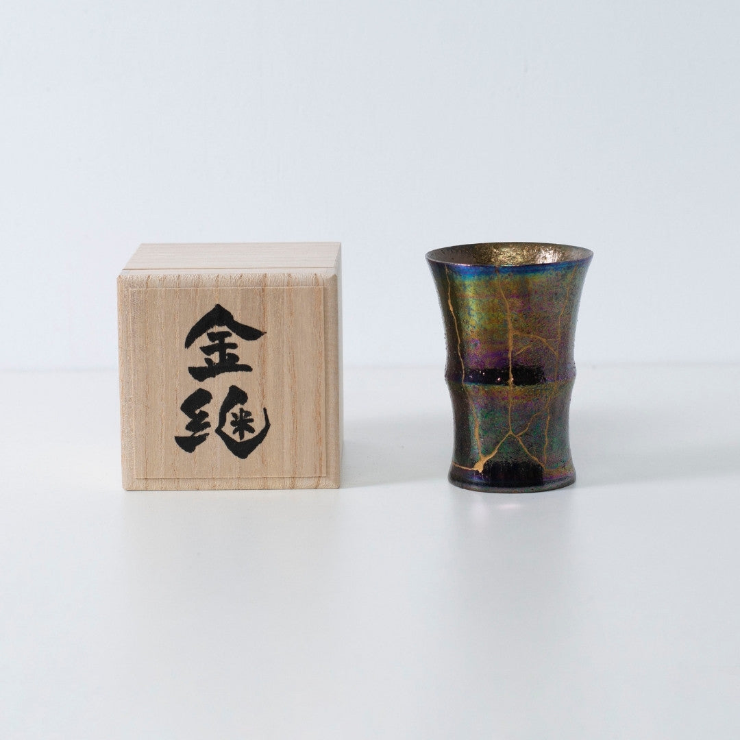 Rainbow Luster kintsugi cup with golden cracks and iridescent glaze | wabi sabi pottery art