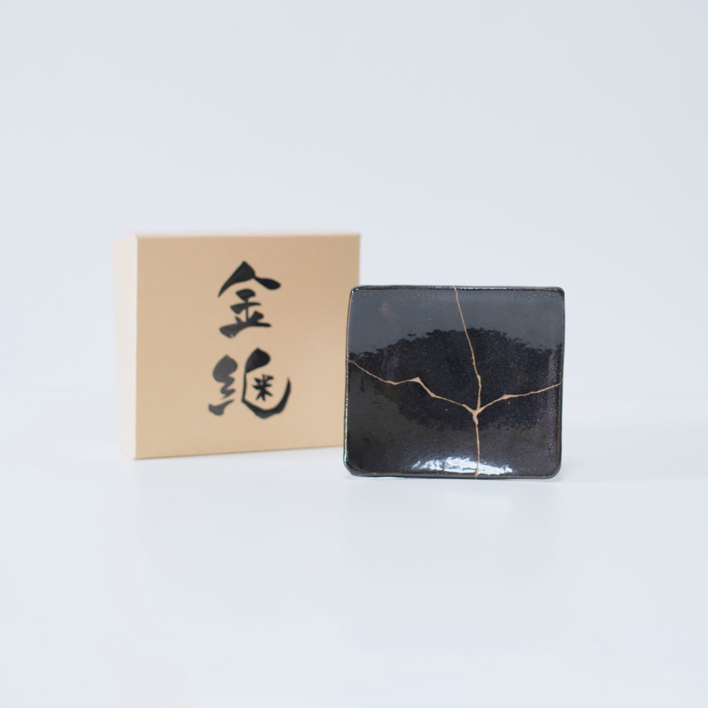 Side view of Kintsugi Square Plate "Jet Black Lighting" 01 with case in a white background