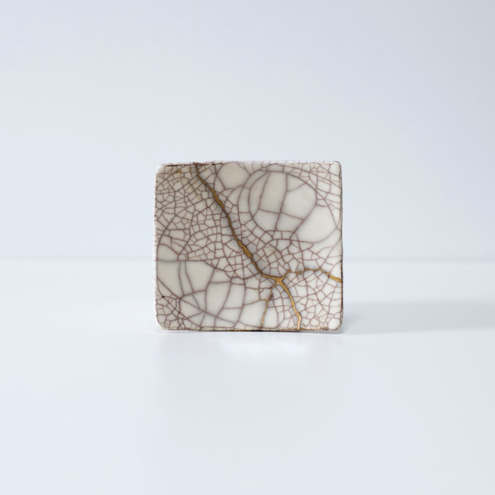 Side view of Kintsugi Square Plate "Vermilion Crackle" 01 in a white background