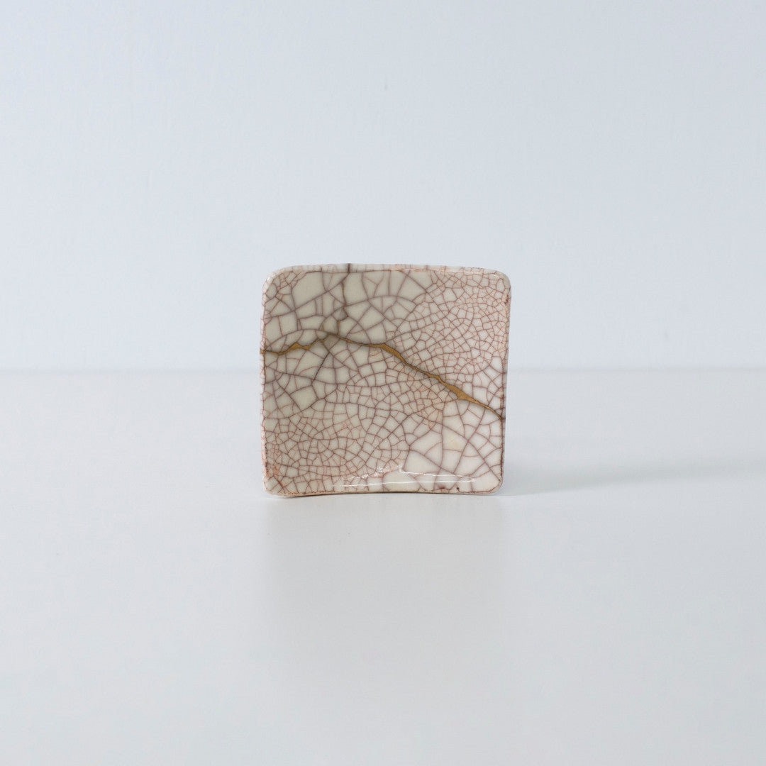 Side view of Kintsugi Square Plate "Vermilion Crackle" 05 in a white background