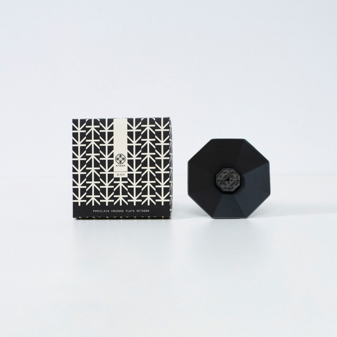 PORCELAIN INCENSE PLATE OCTAGON BLACK - Handcrafted ceramic incense holder with wabi-sabi for Japandi style room