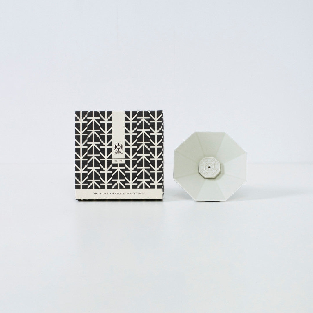 PORCELAIN INCENSE PLATE OCTAGON WHITE - Handcrafted ceramic incense holder with wabi-sabi for Japandi style room