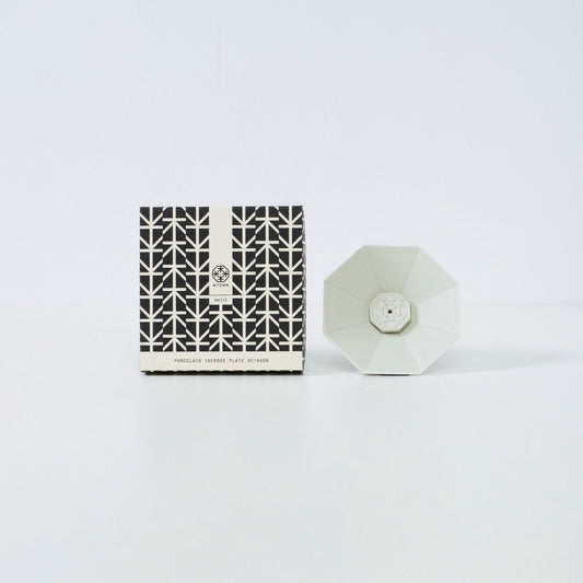 PORCELAIN INCENSE PLATE OCTAGON WHITE - Handcrafted ceramic incense holder with wabi-sabi for Japandi style room