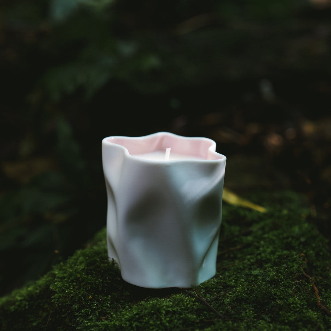 SAKURA scented candle in Seto porcelain, Japandi interior with spring calm and wabi sabi elegance