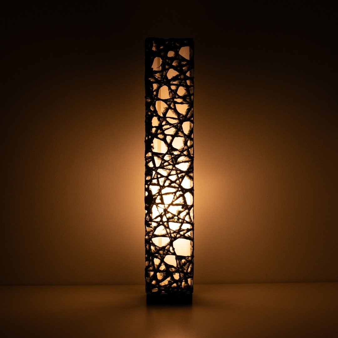 Warm glowing black Japanese paper floor lamp ME-LOOK 02, compact slender Japanese floor lamp