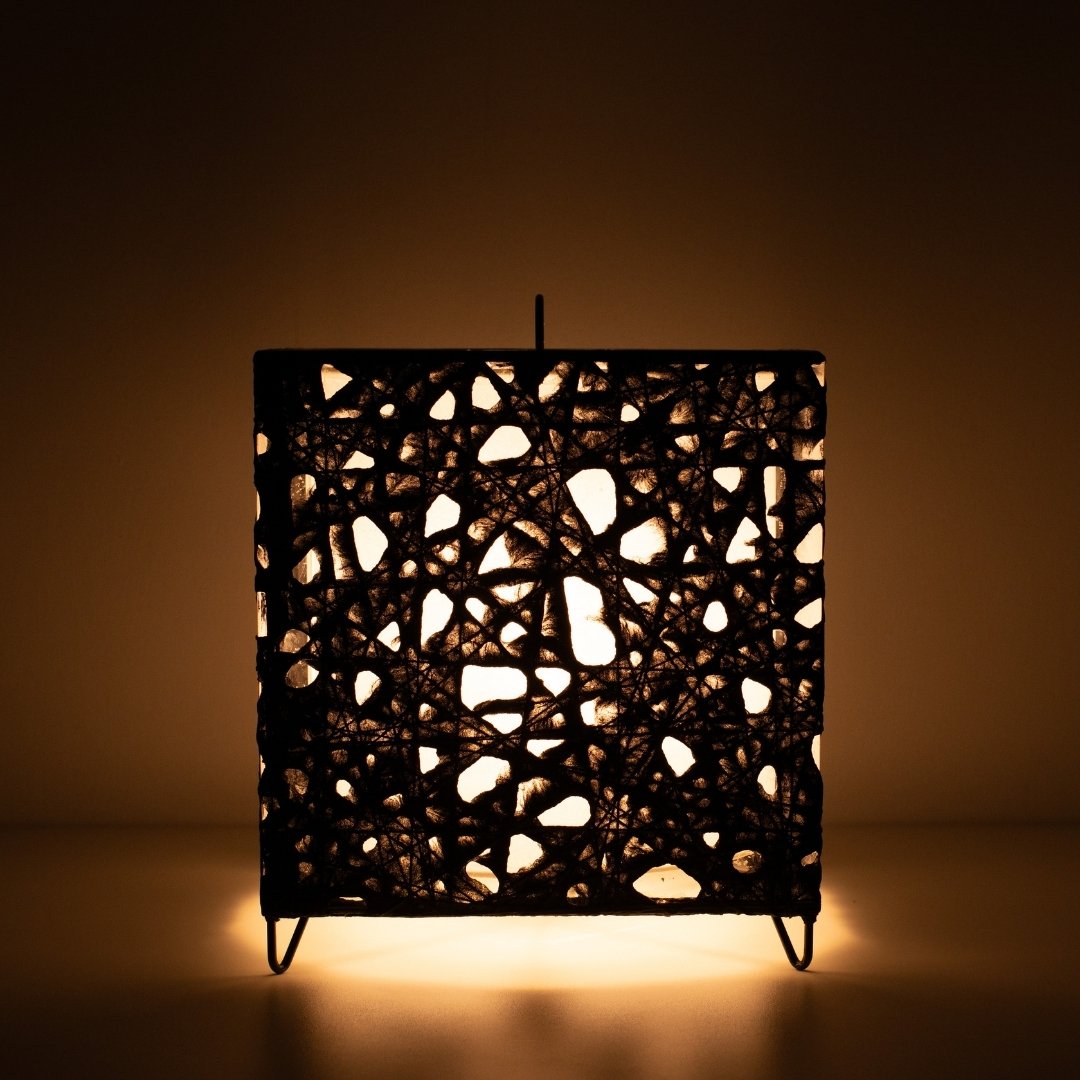 Warm glowing black Japanese paper floor lamp ME-LOOK 03, compact cube Japanese floor lamp