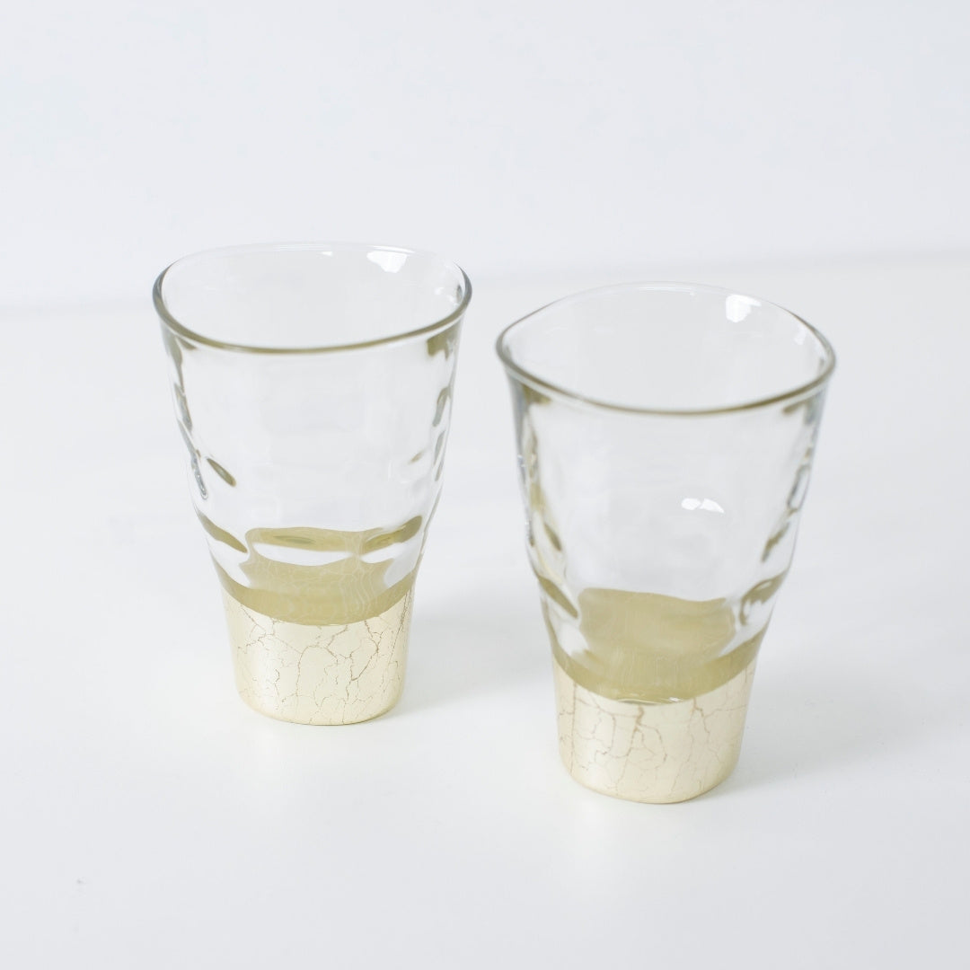 Top view of large champagne gold sake glasses, refined Japanese sake glass set by HAKUICHI
