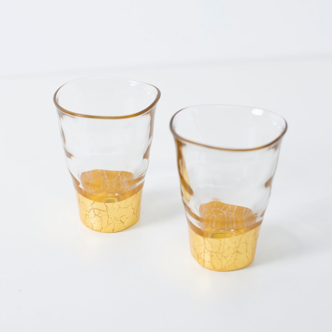 Top view of small gold sake cup set with Kanazawa leaf, handcrafted Japanese sake glasses