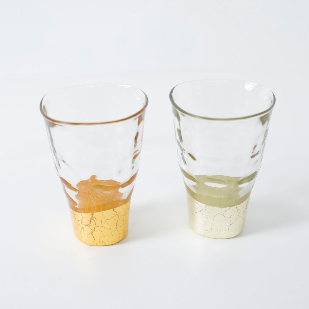 Large Japanese sake glass set with Kanazawa gold leaf—Gold and Champagne Gold, wabi-sabi design