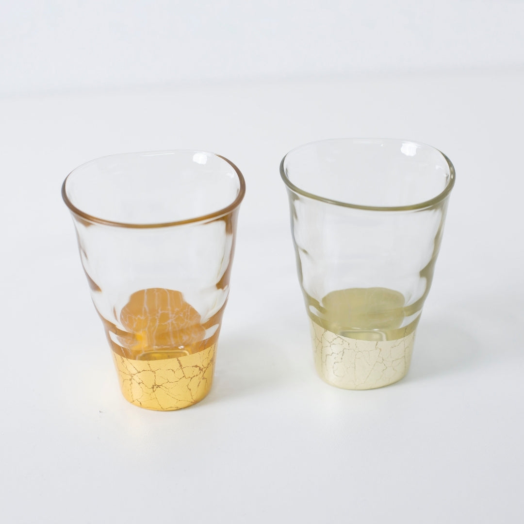 Small Japanese sake glasses with Kanazawa gold leaf—Gold and Champagne Gold, crafted by HAKUICHI