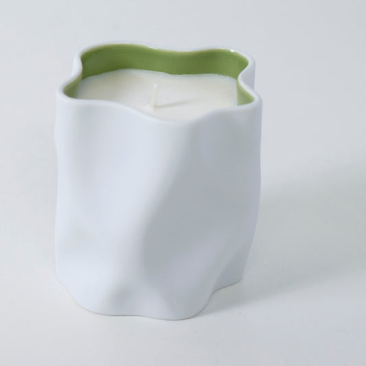 Top view of Japanese candle MATCHA with matcha, bamboo, and Japanese Incense in white porcelain cup