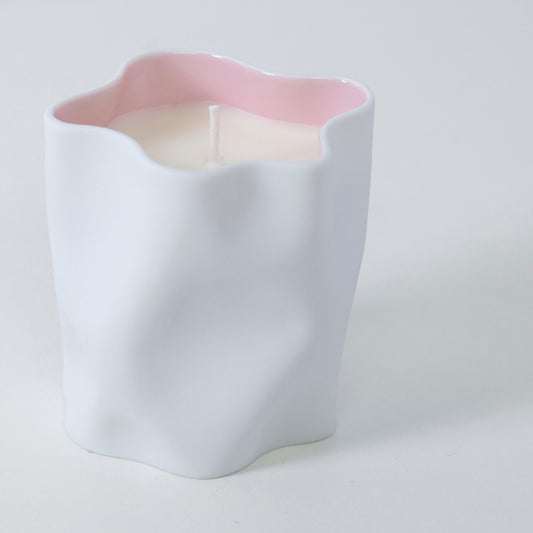 Top view of Japanese candle SAKURA with cherry blossom, rose, and Japanese Incense in pink vessel