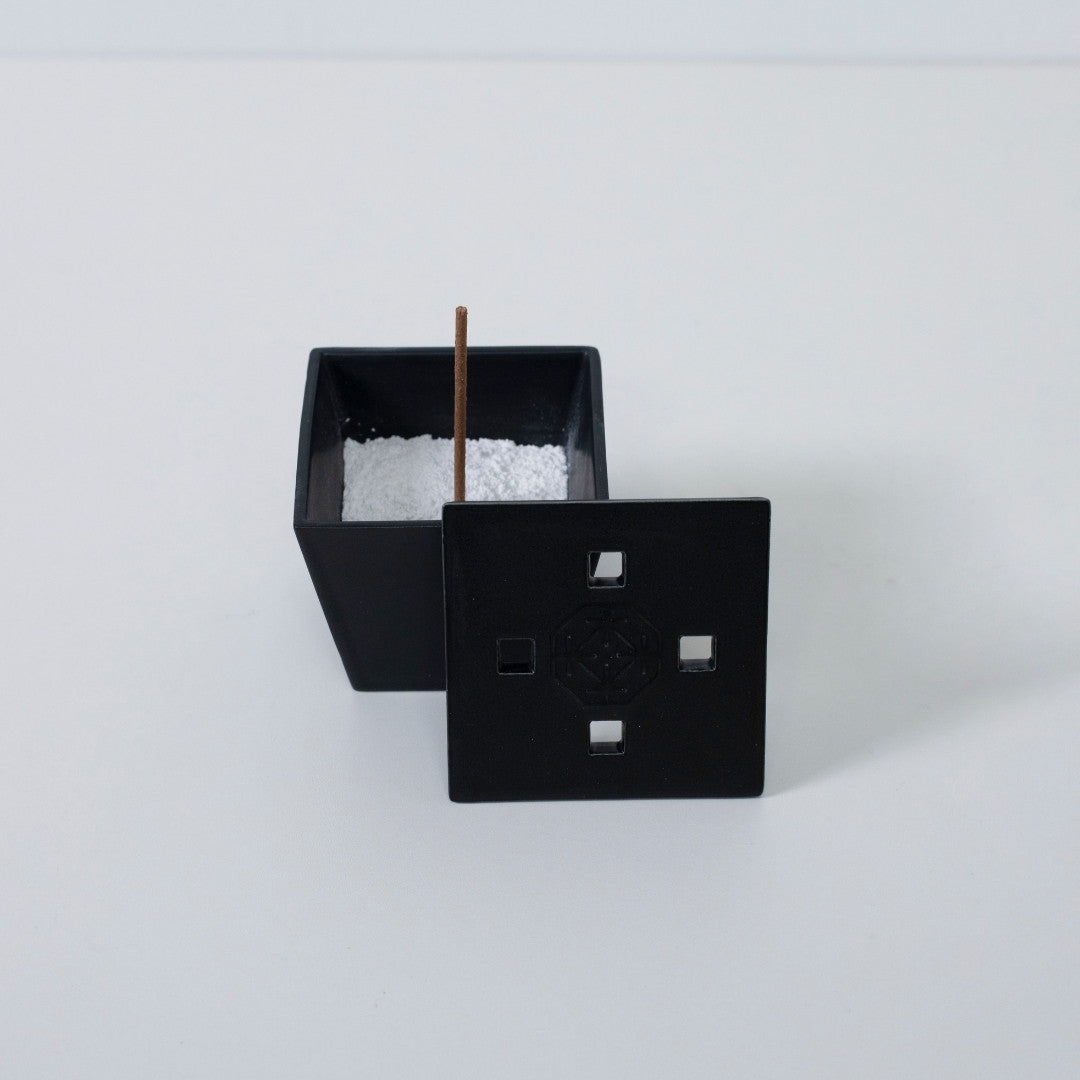 Top view of PORCELAIN INCENSE BURNER BLACK with incense stick - Sophisticated ceramic incense holder for Japandi decor