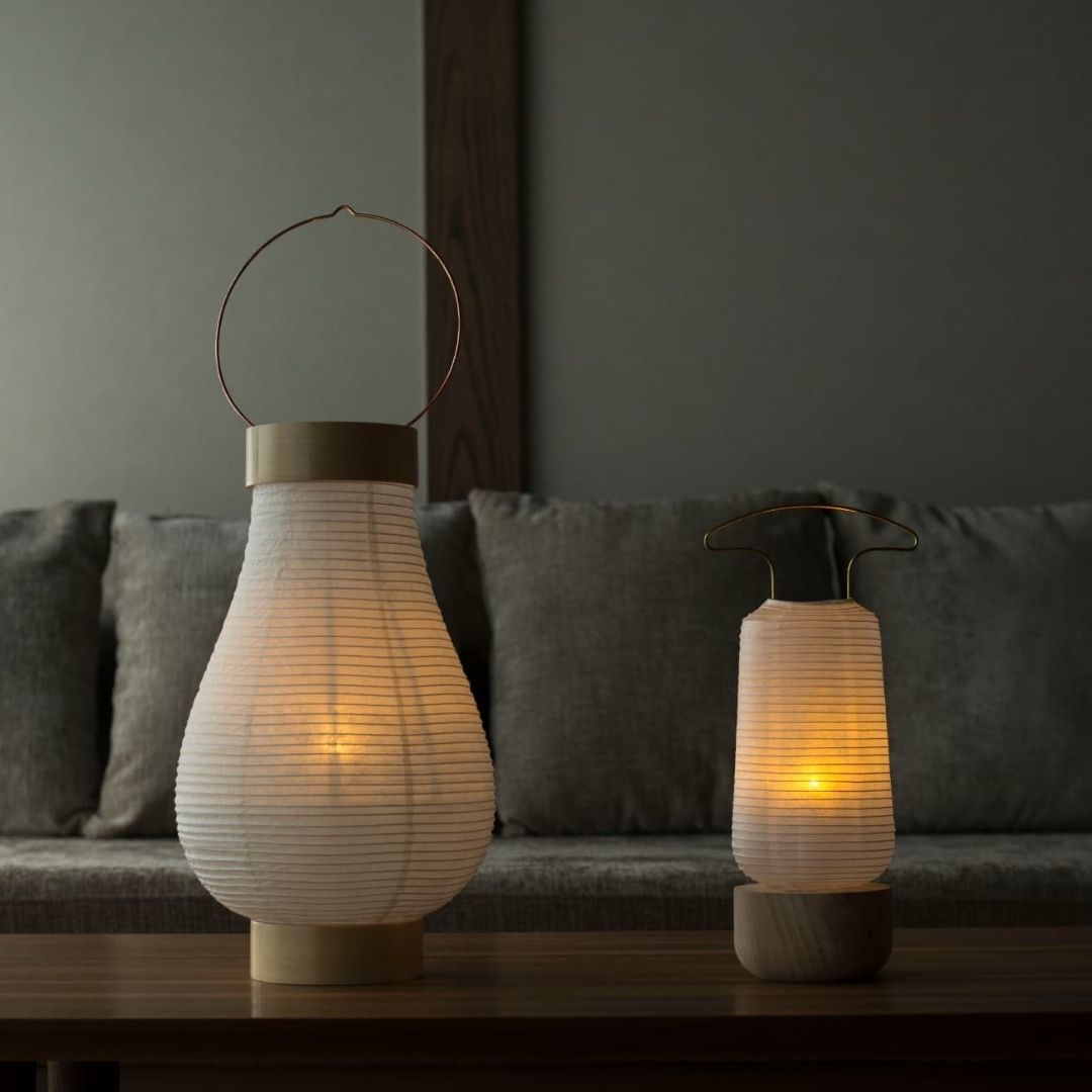 Two Japanese table lamps in dimly lit Japanese style room