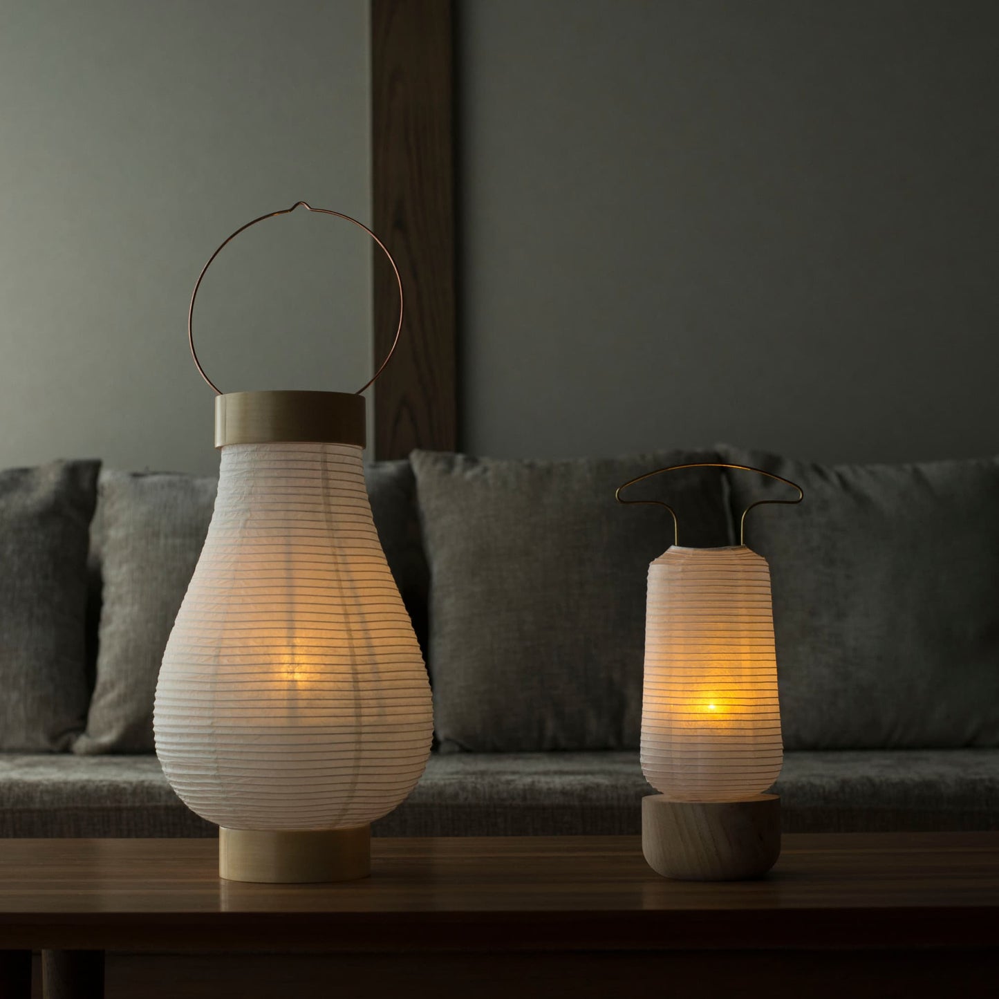 Japanese paper table lamps on a wood table in Japandi living room.