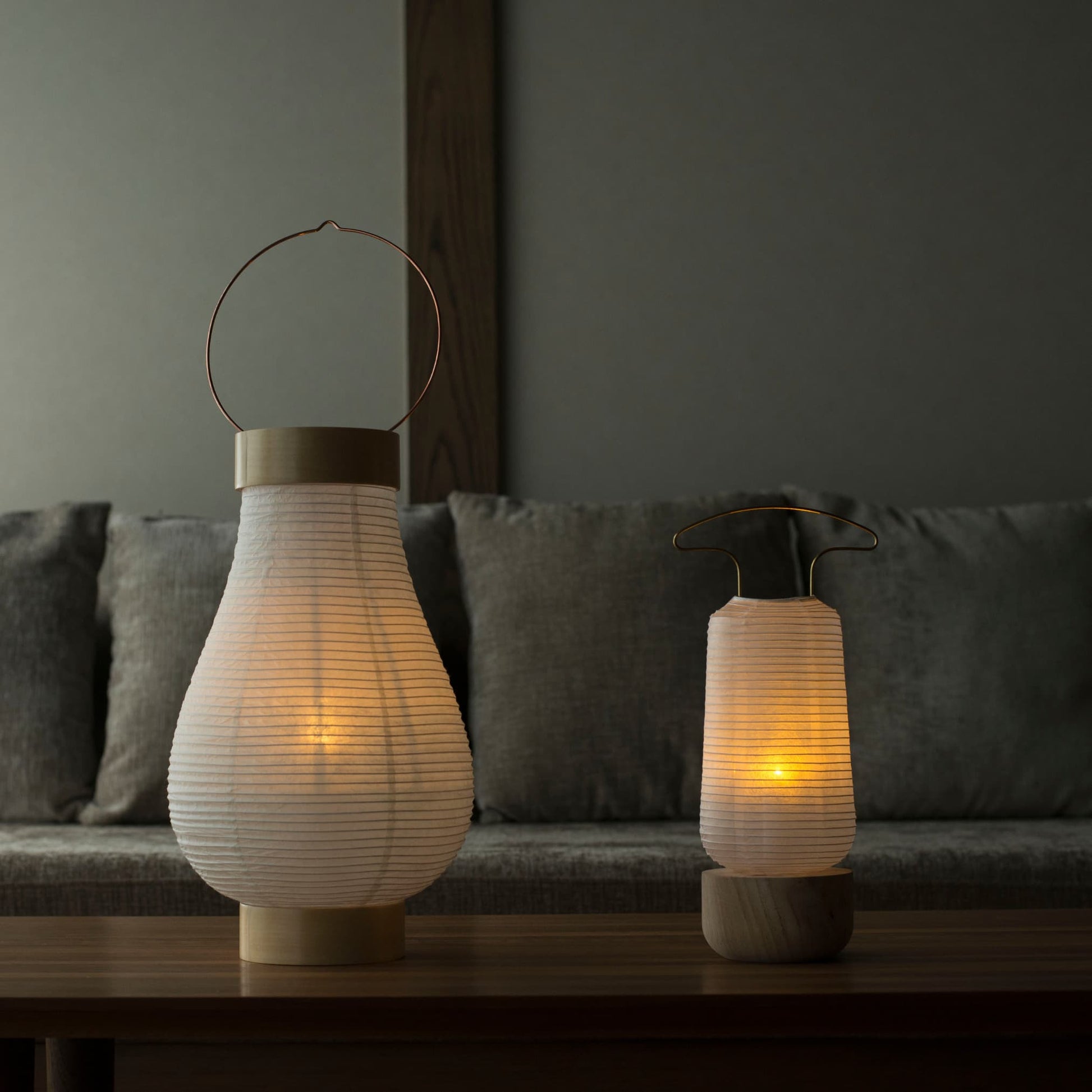 Japanese paper table lamps on a wood table in Japandi living room.