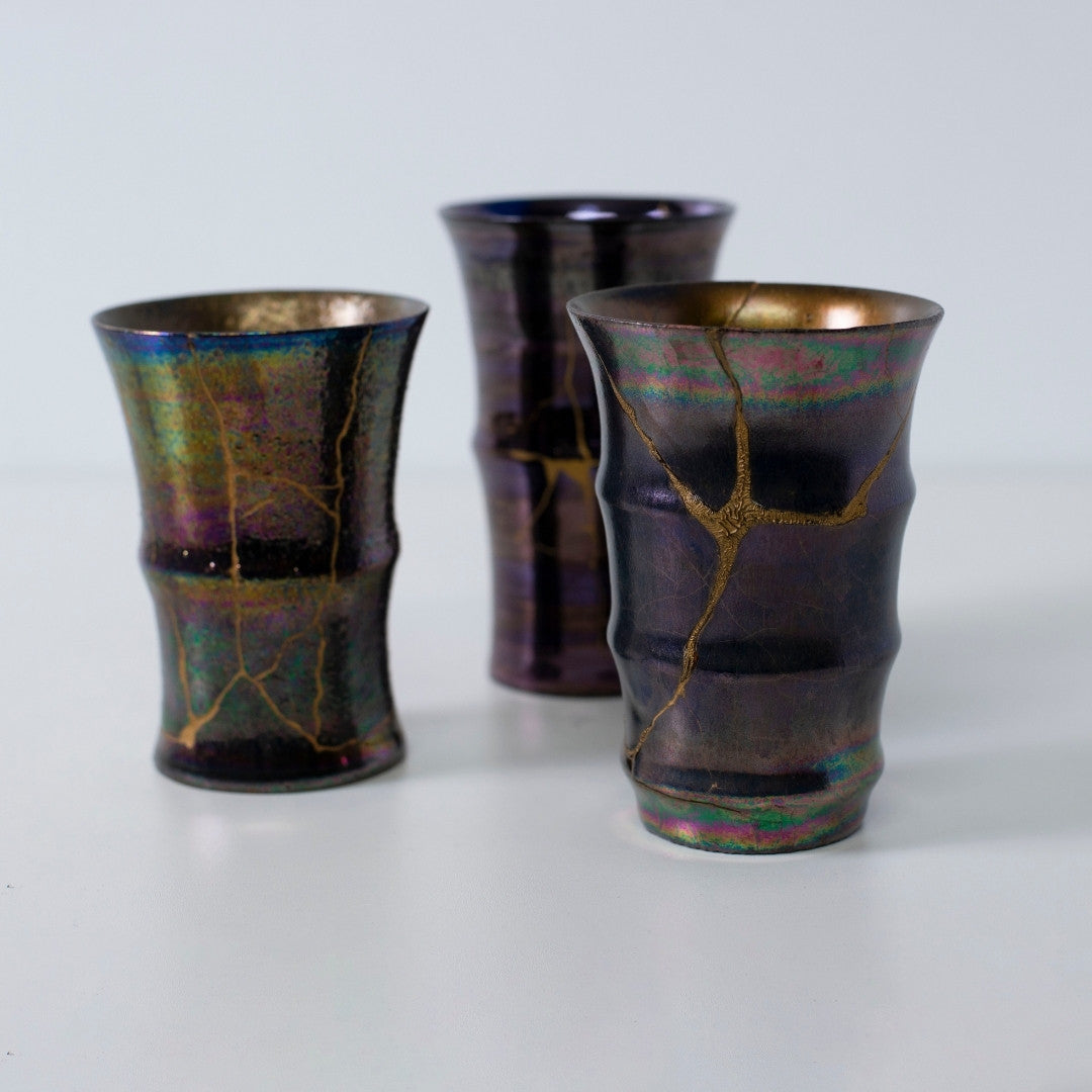 Wabi sabi kintsugi pottery trio in rainbow and magenta hues | Japanese kintsugi art design