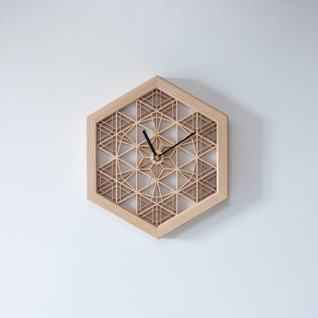 A traditional Japanese kumiko clock crafted from intricately joined wooden pieces. Over 1400 years of craftsmanship are embodied in this timepiece.