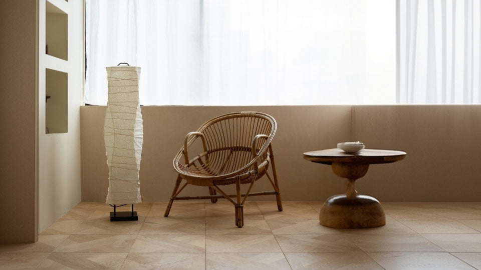 Japanese Washi Paper Floor Lamp “Type G” in Japandi style space – Wabi-Sabi tall floor stand lamp for living room