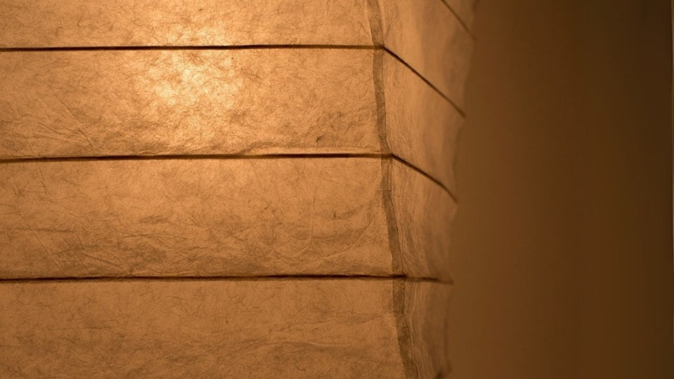 Warm glow from Japanese Washi Paper Floor Lamp "Momi Washi 01 - washi paper standing lamp for living room