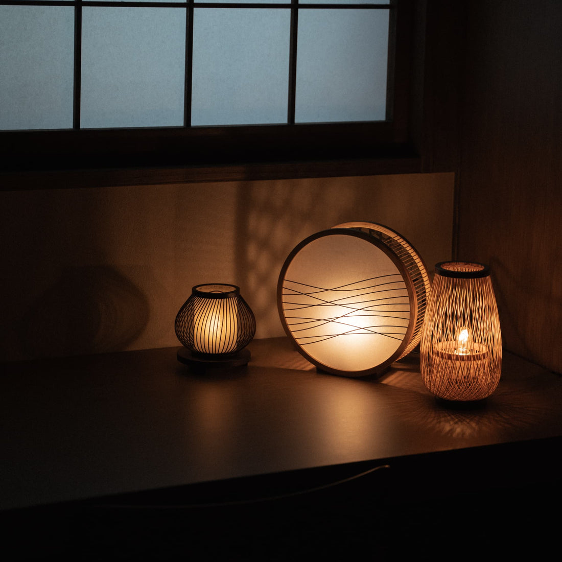 Japanese Bamboo Lamps on a table