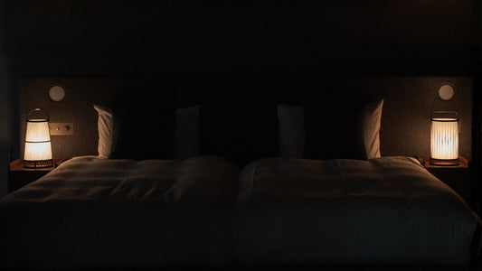 Dimy Japandi bedroom with Japanese bamboo floor lamps