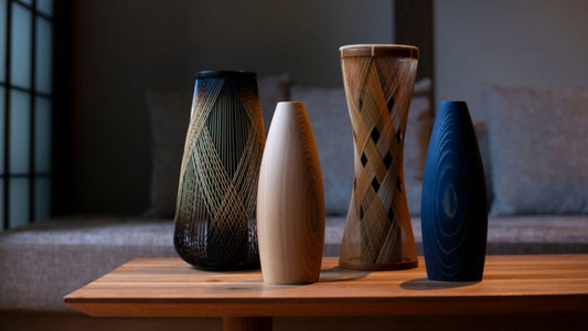 Handcrafted Japanese ikebana vases made of bamboo & cedar in zen room