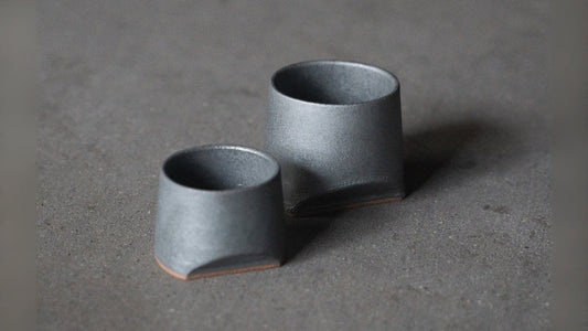 Two Japanese Tile Sake Cups with iron color made by Marumi Yasuda Kawara