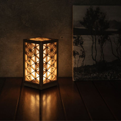 Japanese Kumiko Lantern "Asanoha" - Extra Small with Warm Light on Wooden Shelf