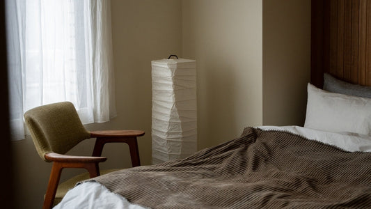Japanese Washi Paper Floor Lamp “Type G” in Japandi style bedroom – Authentic night stand lamp for bedroom & living room
