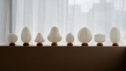 Eight types of Japanese Paper Lamp Mini in the Japandi living room. Authentic Japanese paper table lamps with wabi sabi style.