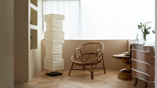 Japanese Paper Floor Lamp "Harusame Washi01" with authentic washi white washi paper emits calm atmosphere to a Japandi living room
