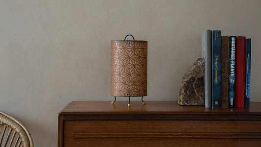 Japanese Paper Table Lamp "Lace Washi" Brown on a wood table in Japandi room - Bedside table lamp for wabi-sabi interior