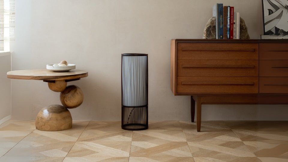 Japanese Bamboo Floor Lamp "Tutu" Middle in Japandi style interior – Sophisticated tall stand lamp for living room