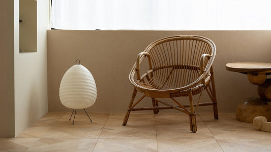 Japanese Paper Floor Lamp "Chochin lamp 01" in Japandi style interior – Authentic washi paper floor living room lamp
